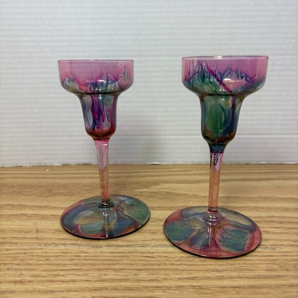 Pair Vintage Deco Art Designs Canada Handcrafted Multi Colour Glass Goblets - Picture 7 of 10